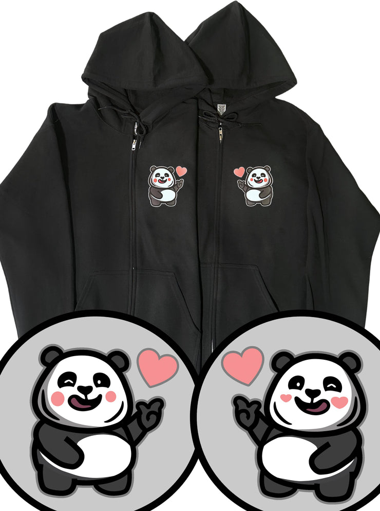 COMBO SET - Love Sign Panda 1 & 2 -  2X Unisex Adult ZIPPER Pullover Hoodies - Black