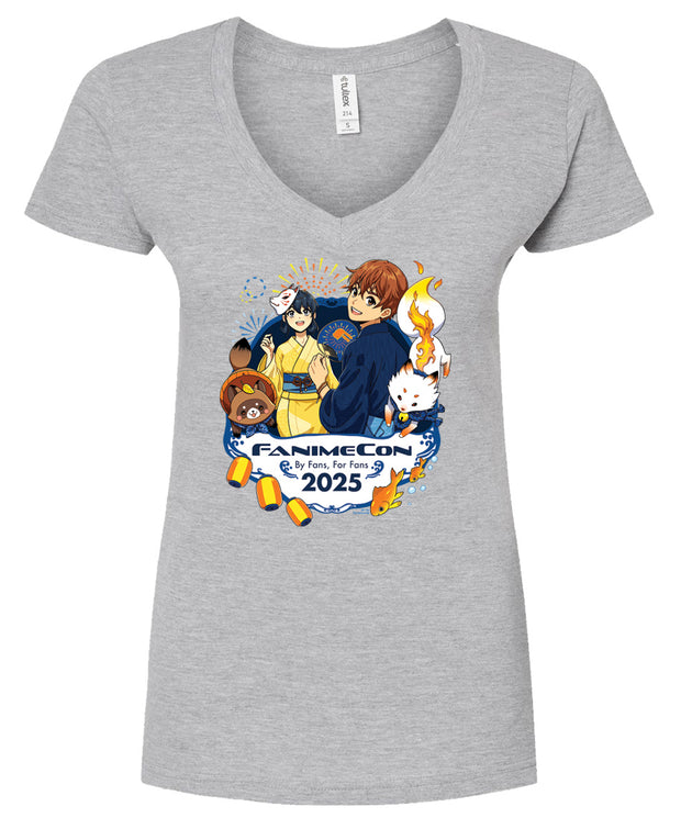 Pre-Order Official FANIMECON 2025 - Women's  V-Neck T - Group - Heather Grey