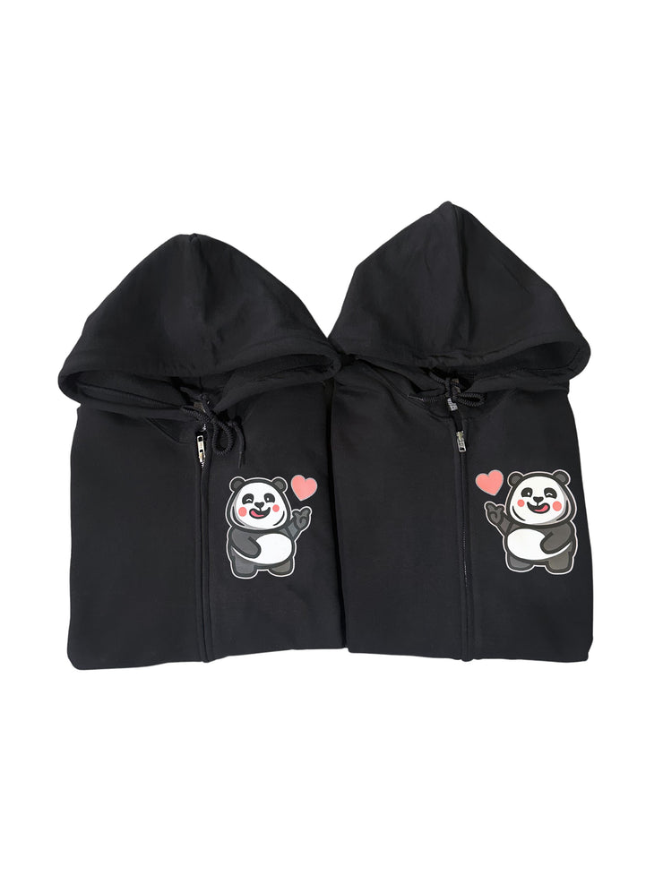 COMBO SET - Love Sign Panda 1 & 2 -  2X Unisex Adult ZIPPER Pullover Hoodies - Black